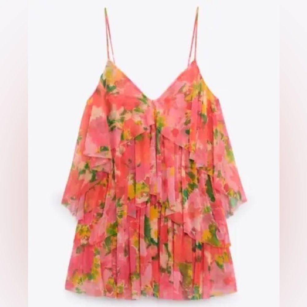 NWT Zara Pink and Green Floral Layered Dress